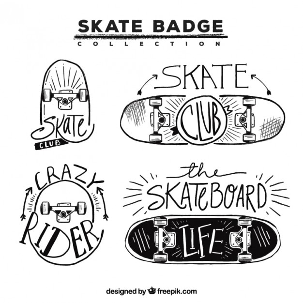 Badges with hand drawn skateboards