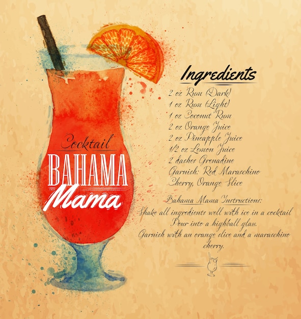 Premium Vector | Bahama mama cocktails watercolor kraft