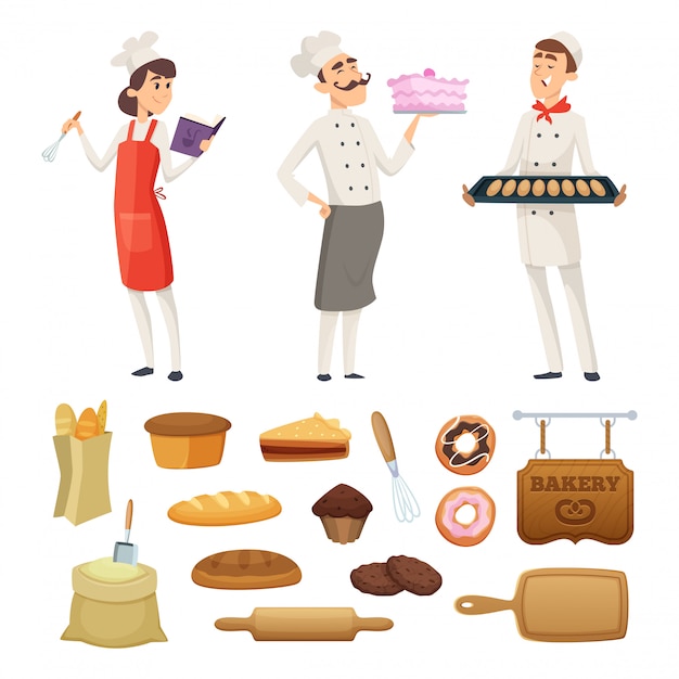 仕事で男性と女性のパン屋 さまざまなポーズのキャラクター プレミアムベクター