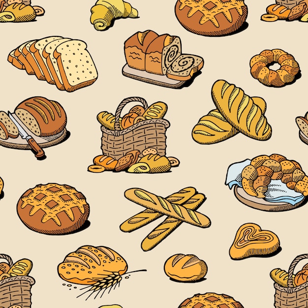 プレミアムベクター パン屋さんとパンパン屋さんのパン屋で焼きたてのパンのパンやパンを焼く設定イラストのシームレスなパターン背景