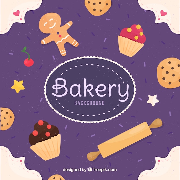 Bakery background with desserts in flat
style