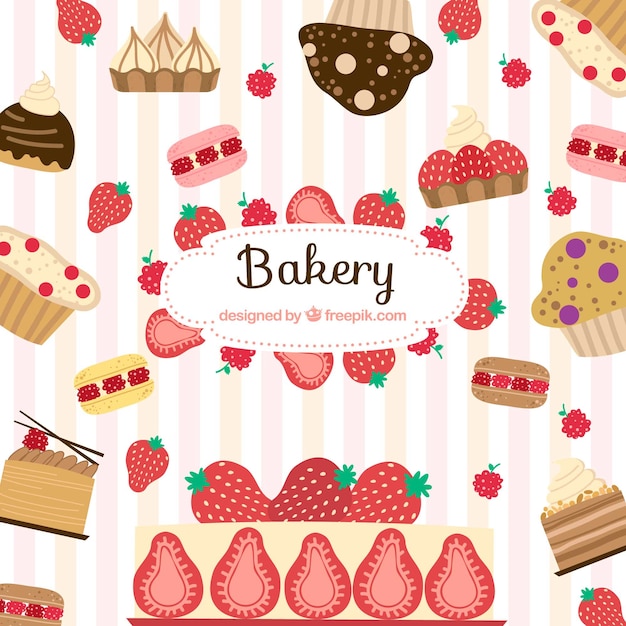 Bakery background with desserts in flat
style