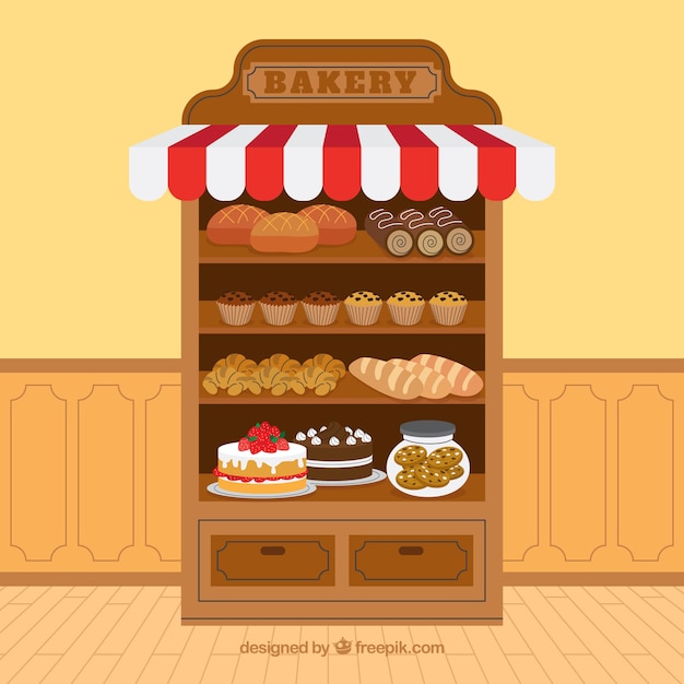 Bakery background with desserts in flat\
style