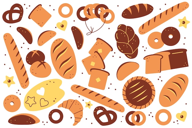 ベーカリーdooldeセット 手描き下ろしパンパンクッキートーストパンクロワッサンドーナツ食事白い背景の不健康な栄養食品 焼き小麦農産物のイラスト プレミアムベクター