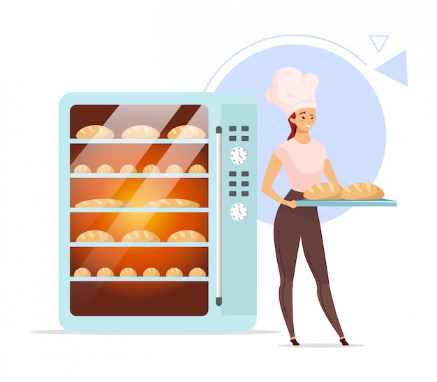 ベーカリーフラットカラーイラスト オーブンの横にある女性のパン屋 焼き製品 プレミアムベクター