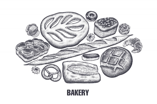 Bakery products set. variations of bread. Premium Vector