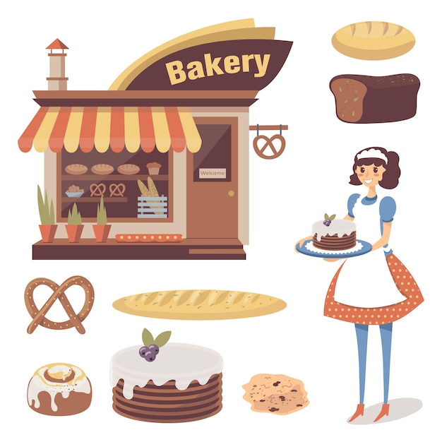 プレミアムベクター 菓子店の建物 焼き菓子 女の子のパン屋またはウェイトレスのキャラクターが入ったベーカリー 漫画フラットフード 白で隔離されます