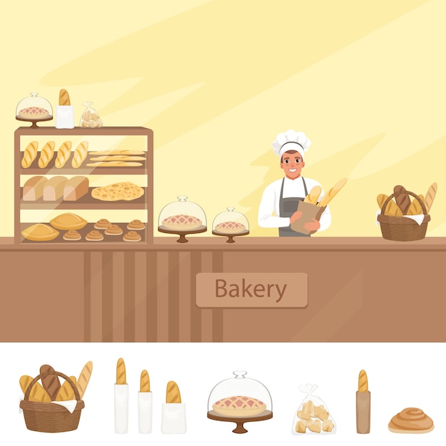 ペストリーのショーケースの横にあるパン屋のキャラクターとパン屋さんのイラスト プレミアムベクター