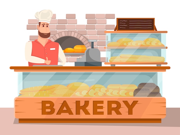 Premium Vector | Bakery shop interior banner in cartoon style