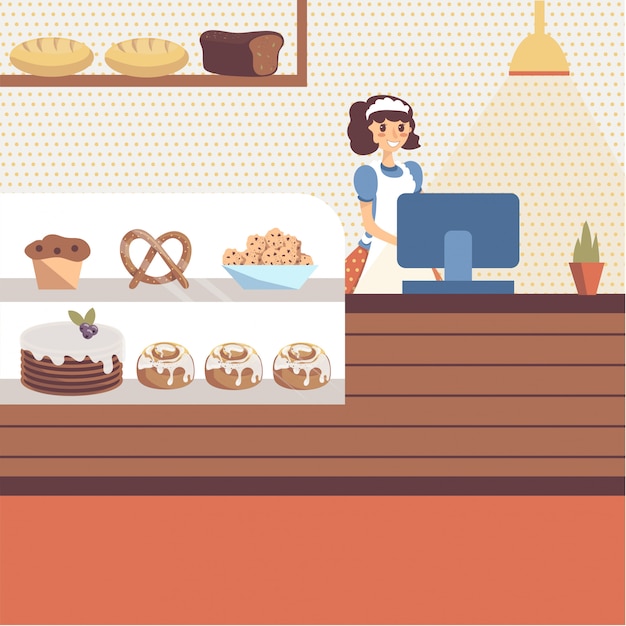 Premium Vector | Bakery shop interior with glass showcase full of