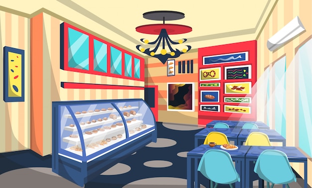 Premium Vector | Bakery shop room design with cake on storefront