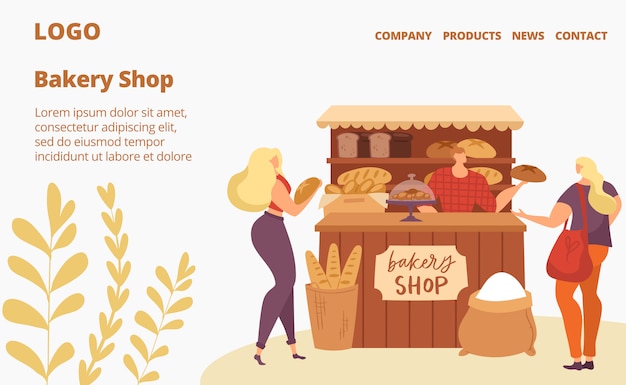 ベーカリーショップの販売 ベーキングハウスのウェブサイト パンやペストリーケーキを購入する人々 パン屋のwebページのイラスト プレミアムベクター