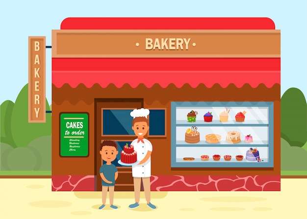Bakery shop with chef giving cake to boy banner. Premium Vector