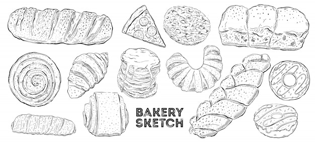Bakery sketch set. hand drawing cuisine. Premium Vector