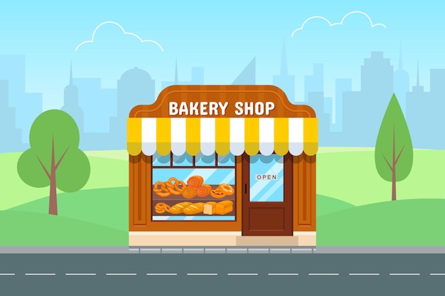 Premium Vector | Bakery store in flat style. facade of bakery shop.big