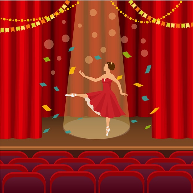 劇場イラストのシーンで踊るバレリーナ プレミアムベクター