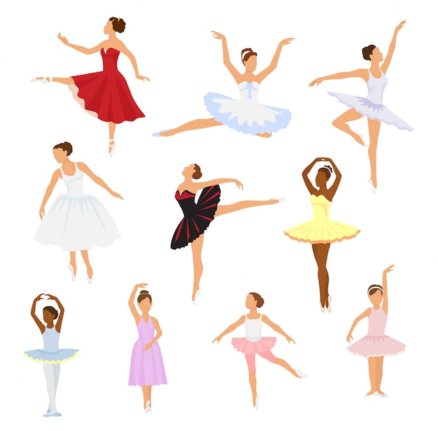 バレエダンサーベクトルバレリーナスカートチュチュイラストダンス古典的なバレエダンサーの女の子のダンスで踊るバレリーナ女性キャラクター プレミアムベクター