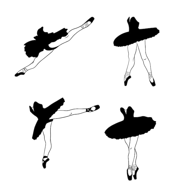 バレエセット トウシューズとチュチュのバレリーナ ダンサーの足 シルエット デザインと装飾のベクトルイラスト プレミアムベクター