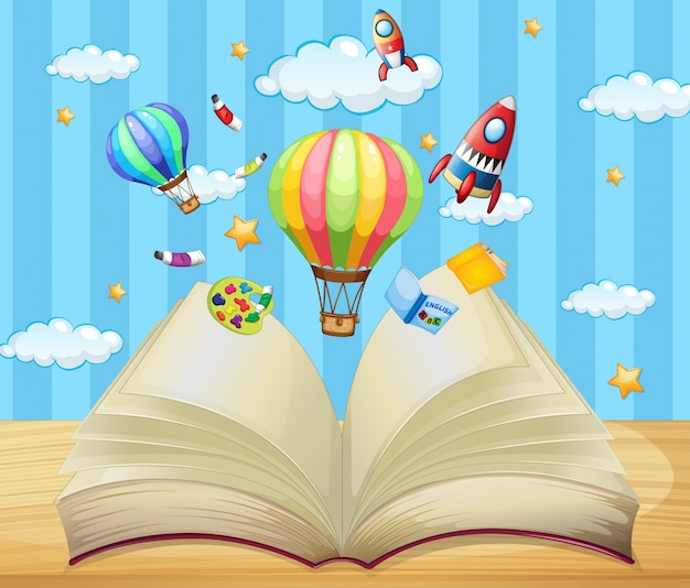 Premium Vector | Balloons and rockets flying out of book