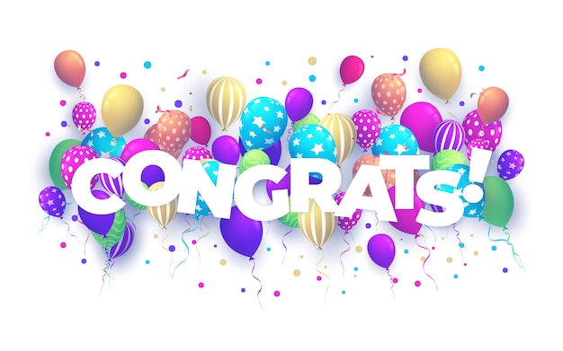 Premium Vector | Balloons with confetti and text congrats