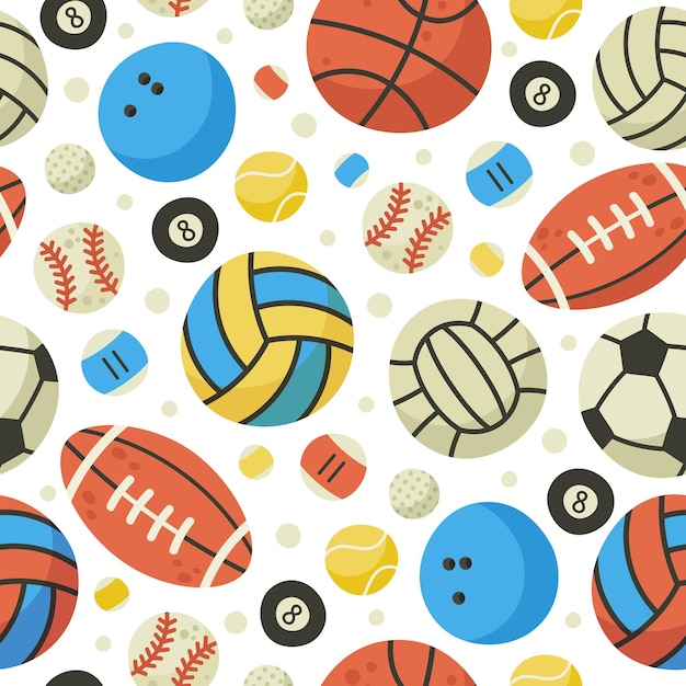 ボールのシームレスなパターン バスケットボール サッカー サッカー テニスボールの背景 スポーツゲームボール機器漫画ベクトルパターンイラスト プレミアムベクター