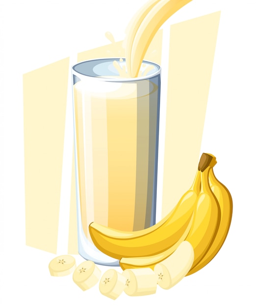 バナナジュース ガラスの新鮮なフルーツドリンク バナナのスムージー ジュースの流れと完全なガラスのスプラッシュ 白い背景のイラスト Webサイトページとモバイルアプリ プレミアムベクター