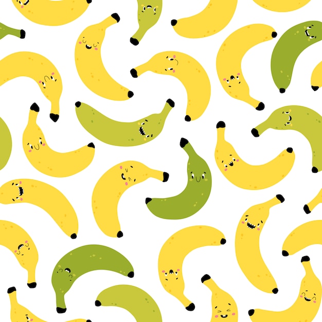 プレミアムベクター バナナのシームレスなパターン 幸せそうな顔で面白い黄色と緑のキャラクター シンプルな手で漫画イラストは北欧スタイルを描画します