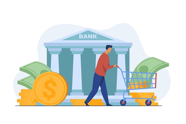 Bank customer getting loan. man wheeling cart with cash flat vector illustration. finance, money, banking, service Free Vector