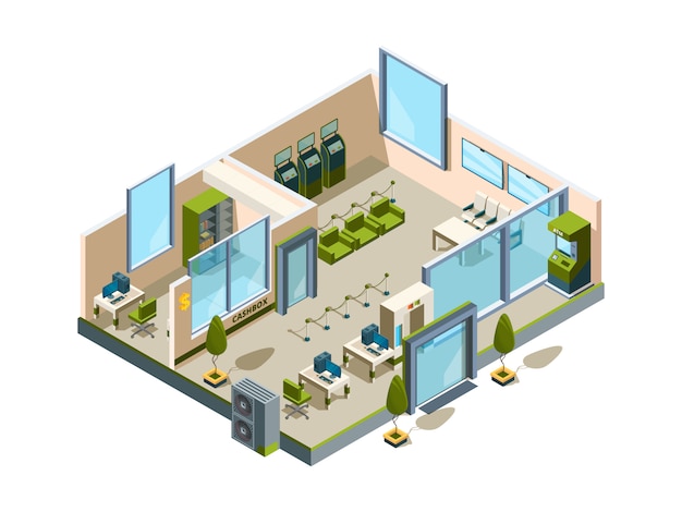 Premium Vector Bank Isometric Modern Building Interior Office Open Space Banking Lobby 8987