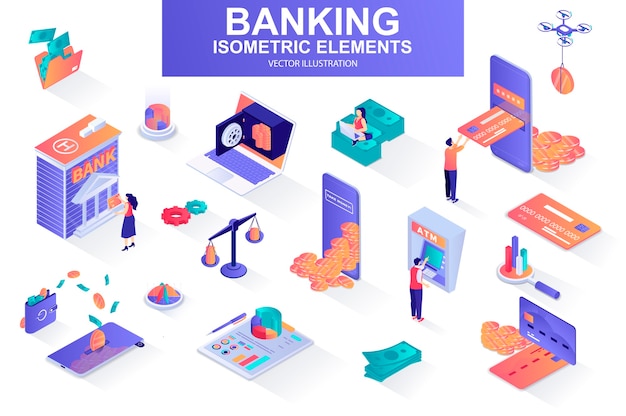  Banking services bundle of isometric elements  illustration