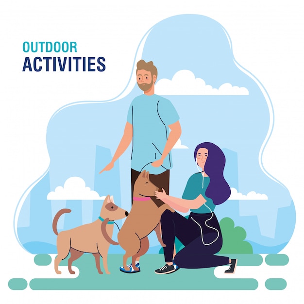 バナー レジャーの野外活動を行うカップル カップルは犬のイラストデザインで散歩 プレミアムベクター