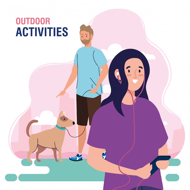 バナー 屋外でのレジャー活動を行うカップル 犬と一緒に散歩 ヘッドフォンとスマートフォンのイラストデザインを使用 プレミアムベクター