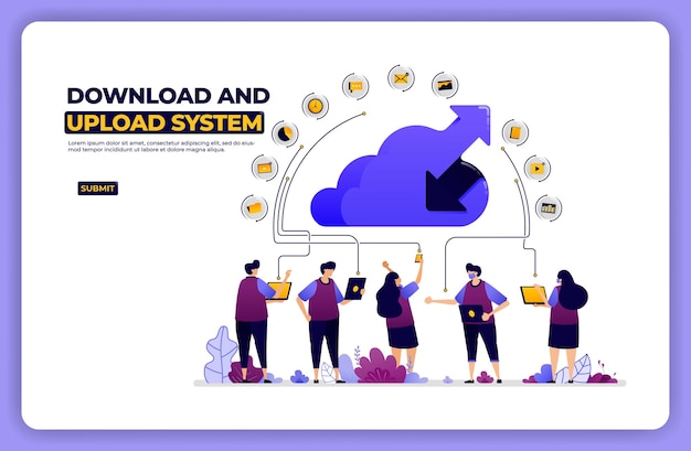 ダウンロードとアップロードシステムのバナーイラスト クラウドネットワーク共有アクティビティ プレミアムベクター