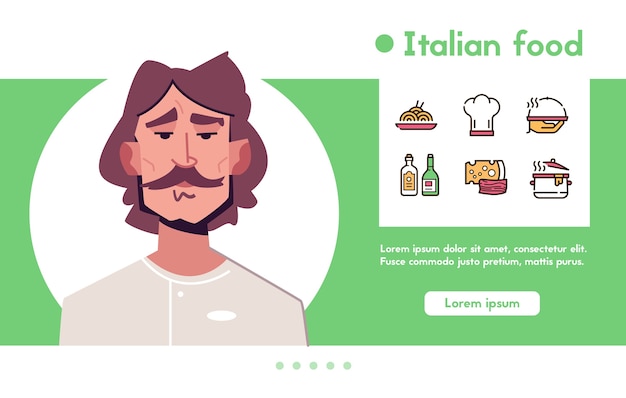 男キャラクターシェフのバナー 料理の仕事 イタリア料理 レストラン パスタ コックハット チーズ ワイン オリーブオイル 料理と料理 プレミアムベクター