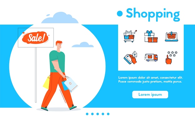 Premium Vector Banner Of Smiling Man Holds Lot Of Purchases Packages Sale Retail Sell Out Color Linear Icon Set Supermarket Trolley Discounts Gift Online Shopping Feedback Delivery Happy Customer