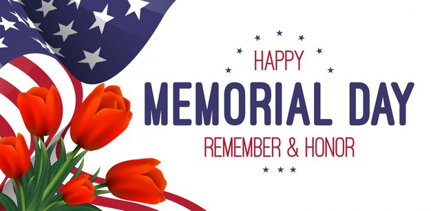 Premium Vector | Banner with american flag and tulips. memorial day.