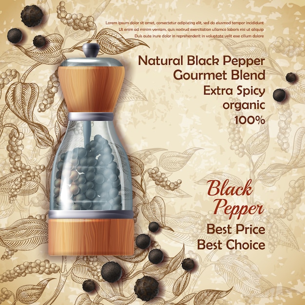 Banner with pepper mill, filled with black peppercorns on textured background Free Vector