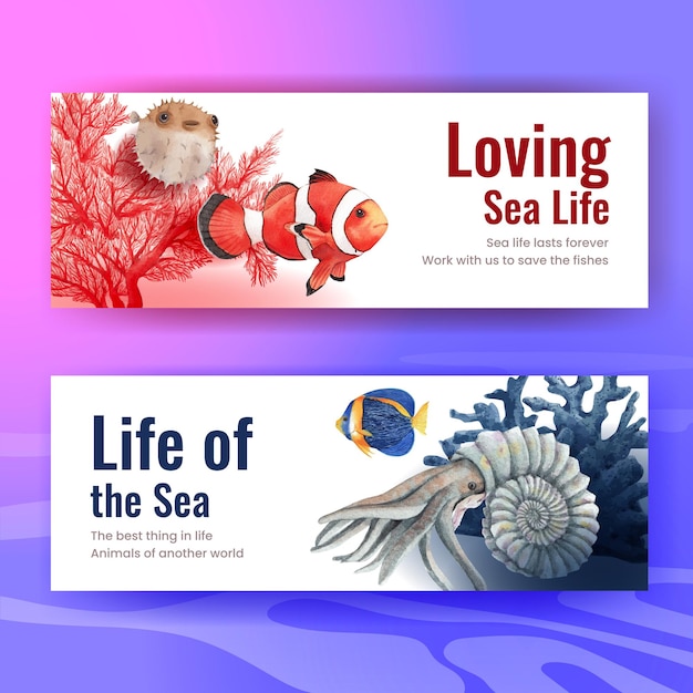 Premium Vector | Banner with sea life concept design watercolor ...