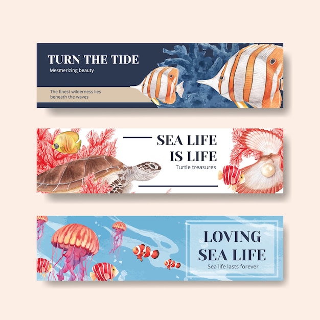 Premium Vector | Banner with sea life concept design watercolor ...