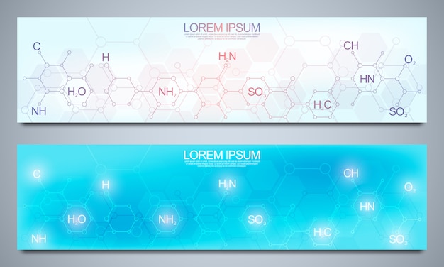 バナーデザインテンプレートと抽象的な化学式のサイトのヘッダー 科学と革新の技術コンセプト 装飾のウェブサイトやその他のアイデア プレミアムベクター