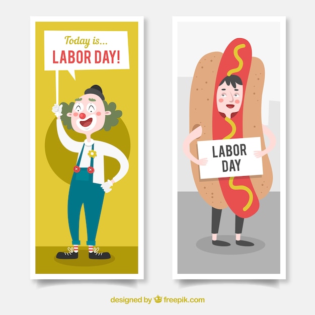 Banners for labor day with hot dog and\
clown