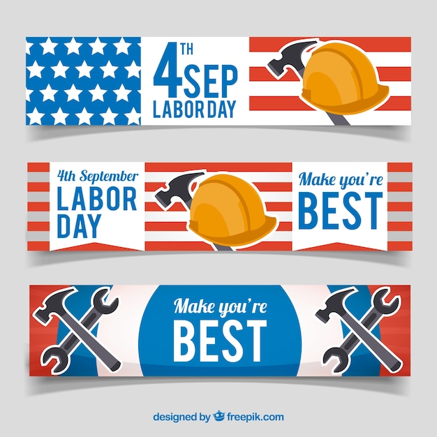 Banners for labor day with tools and\
flags