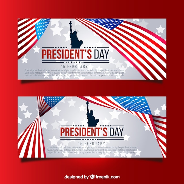 Banners with statue of liberty and united\
states flag for president\'s day