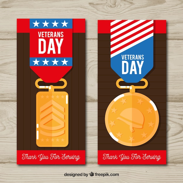 Banners with veterans day badges in flat design | Free Vector