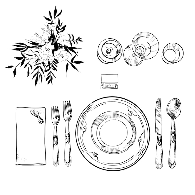 宴会食器セット スケッチ図 ナイフとスプーン 皿とフォークのイラスト プレミアムベクター