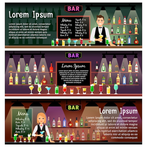 Premium Vector | Bar banners template set with bartender and alcohol ...