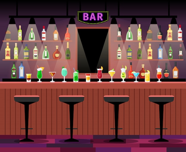 Premium Vector Bar Counter With Stools Before It And Alcohol Cocktails And Bottles On The 4836