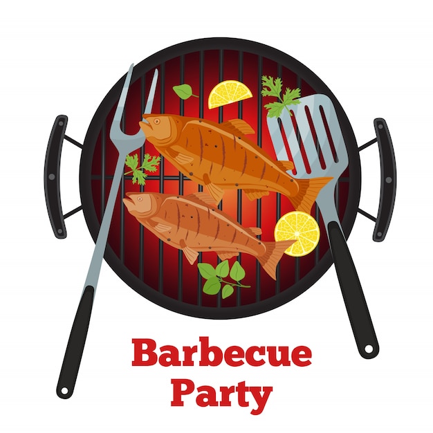 Barbecue party - salmon fish on grill | Premium Vector