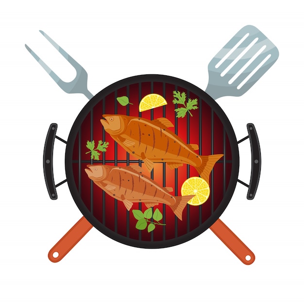 Barbecue party, salmon fish on grill Premium Vector