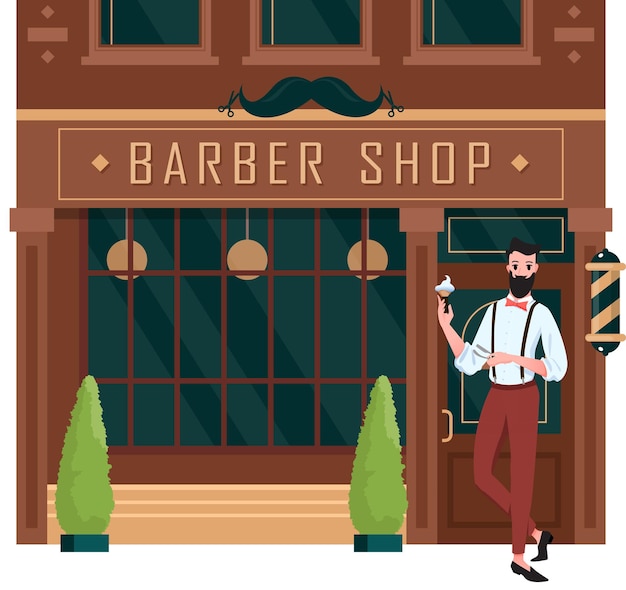 Premium Vector Barber Shop Open Cartoon Street Building Brown Facade   Barber Shop Open Cartoon Street Building Brown Facade Retro Barbershop With Standing Entrance Door Man Barber Hairdresser Small City Business Haircut Salon 212168 1079 